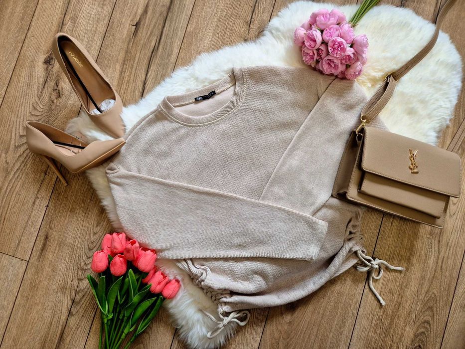 Sweterek damski prążkowany oversize M 38 Zara beżowy bluza bluzka swet