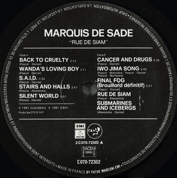 Эксклюзив! Винил / Франция 1981 / Marquis de Sade "Rue de Siam" / Рок!