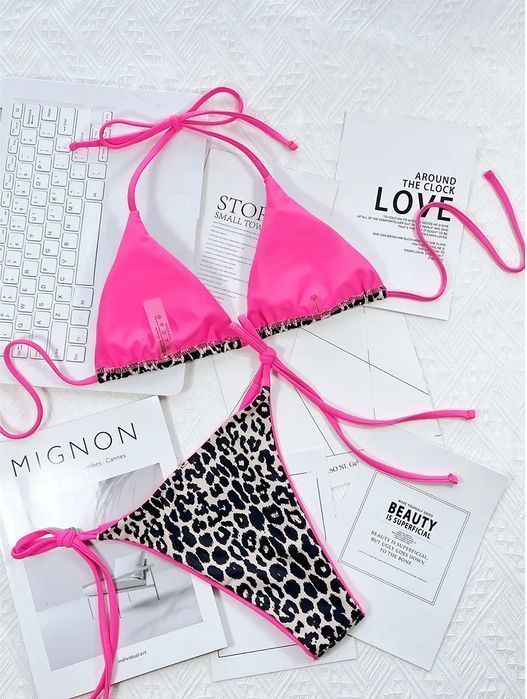 Strój Kąpielowy BIKINI Stringi SEXY Neon Wiązane Panterka - S