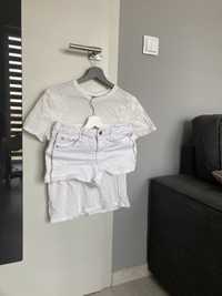 Białe szorty z zamkami i bluzka z haftem Sinsay S/36