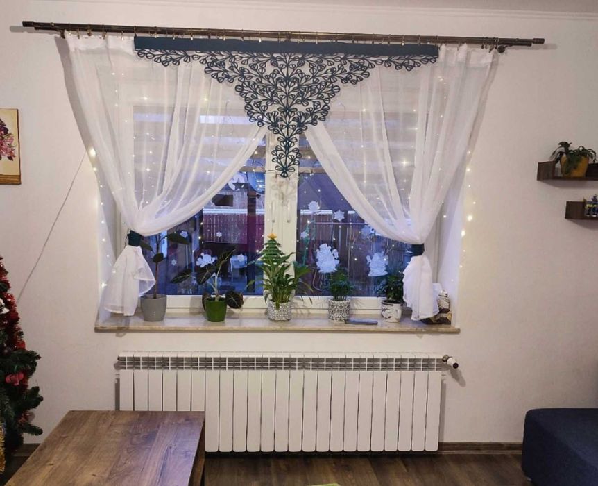 Firana panelowa woal 400x150 z panelem ażurowym + tasiemki