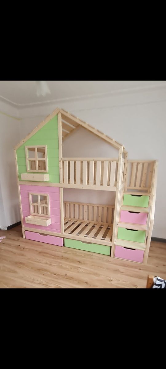 Łóżko piętrowe domek drewniany +kolor 80x180