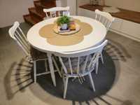 Stół okrągły i 4 krzesła drewniane, białe / komplet drewniany