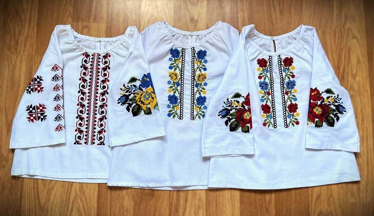 Вишиванка для дівчинки дитяча білий льон Рукав 3/4 святкова в школу