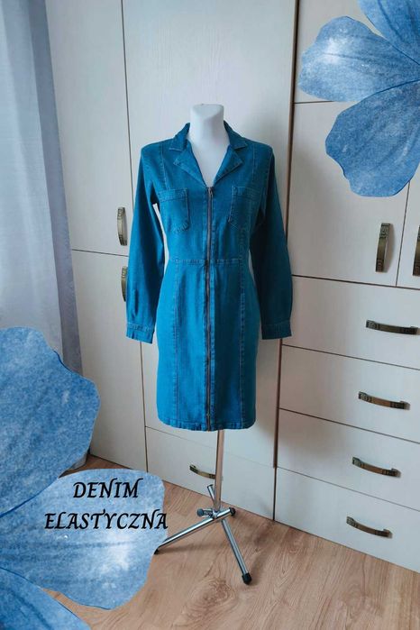 John Baner NOWA niebieska sukienka jeansowa 40 L ołówkowa długi rękaw