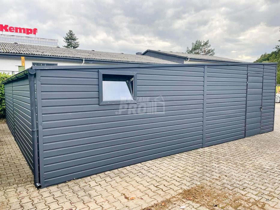 Garaż blaszany 8x8 Brama uchylna x2 + okno antracyt spad w tył GP160