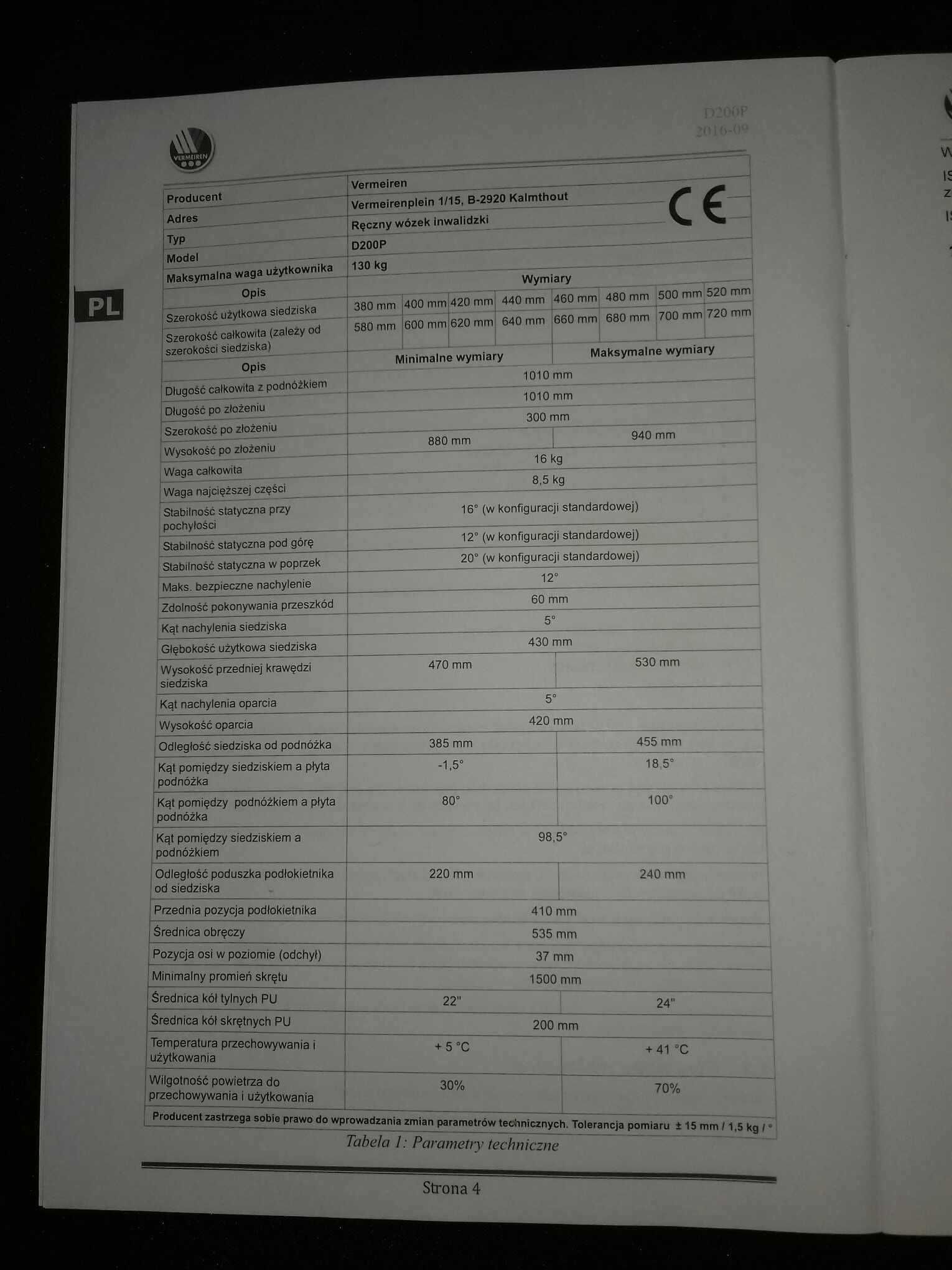 Ręczny wózek inwalidzki VERMEIREN D200P 44