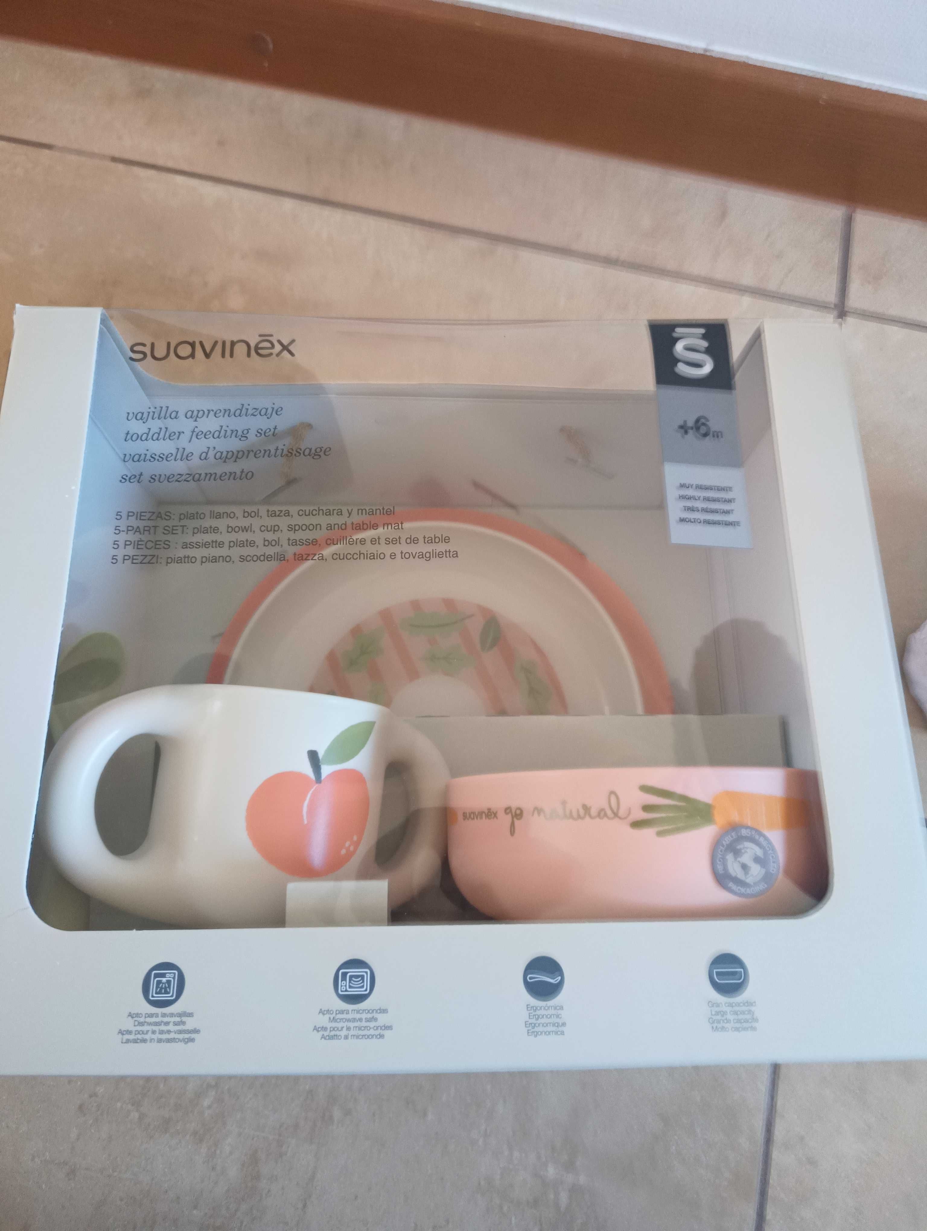 Suavinex, Zestaw naczyń dla dzieci talerz miska kubek  łyżka podkładka