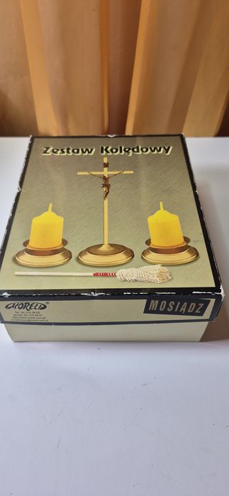 Stary mosiężny zestaw kolędowy krucyfiks świeczniki starocia PRL T26