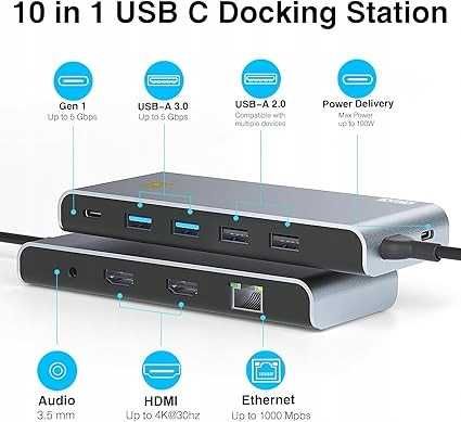Hub USB-C 10w1 - Stacja Dokująca z Dual HDMI 4K, Ethernet, 100W PD