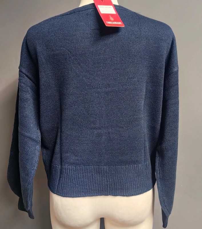 Świąteczny nowy granatowy dzianinowy sweter cekiny dekolt łódka S 36