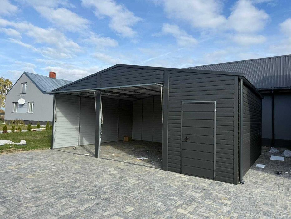 Garaż blaszany dwustanowiskowy 8x6 dwuspadowy, Bramy uchylne, Grafit