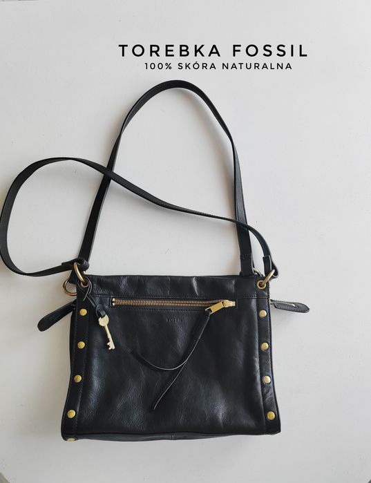 Czarna skórzana torebka Fossil torebka ze skóry złote elementy