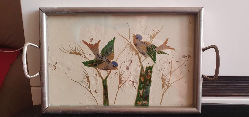 Taca art deco, malowidło ptaki w stylu japońskim, masa perłowa