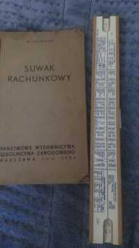Suwak rachunkowy, suwak logarytmiczy z instru. plus książka 1951r PRL