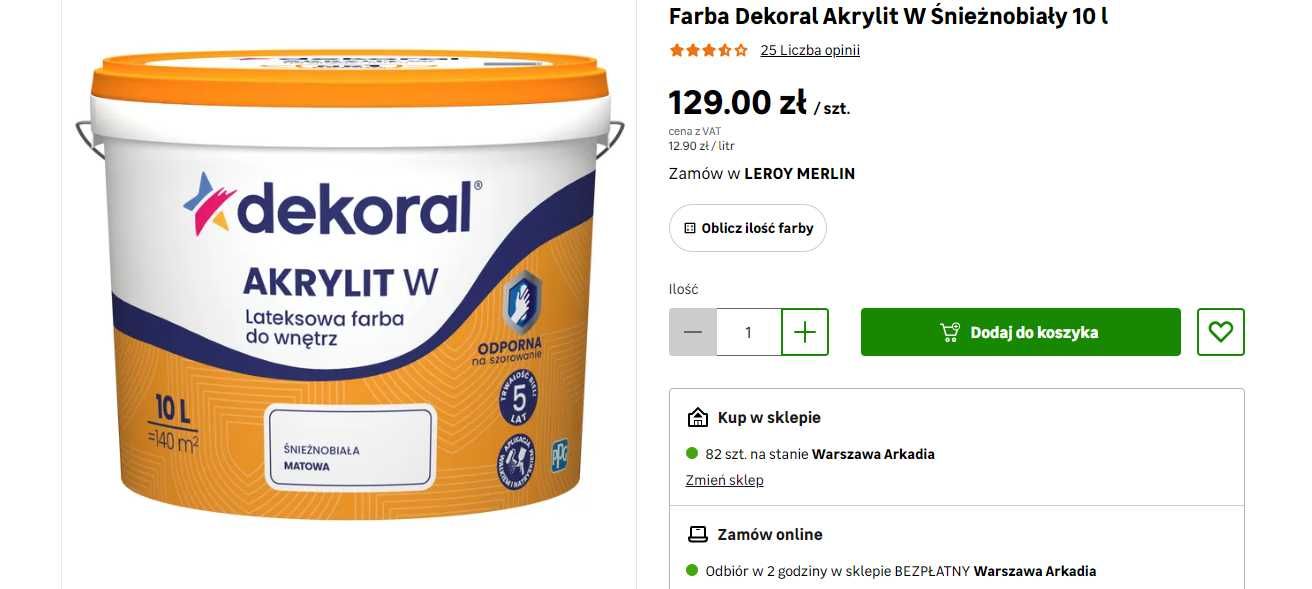 Farba  Dekoral Akrylit W biała 2X 10 L