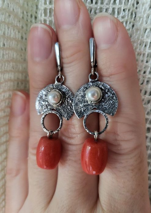 Серьги новые натуральный жемчуг коралл серебро 925 пробы