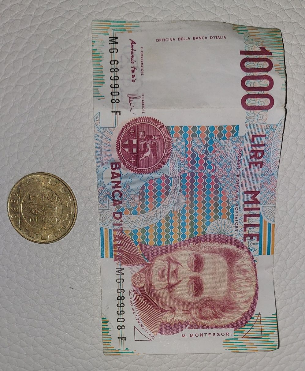 Banknot 1000lirow + moneta 200 litrów Wlochy