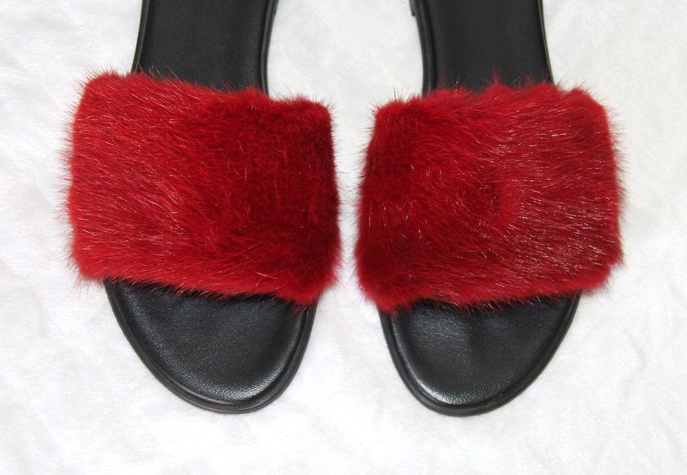 ochnik klapki z futerkiem futro norki 39 skóra karibu czarne czerwone