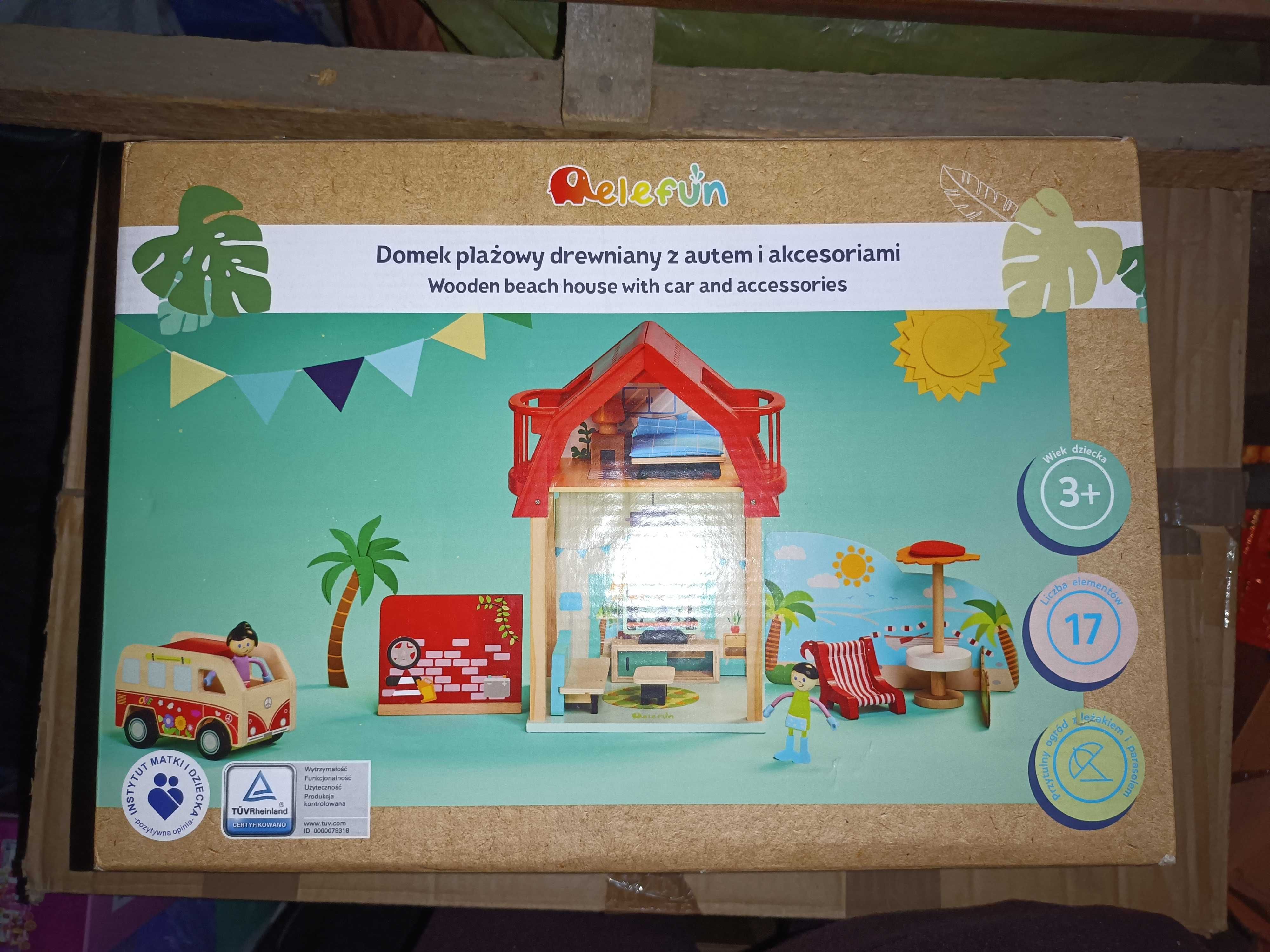 Nowy drewniany domek plażowy z autem i akcesoriami Elefun