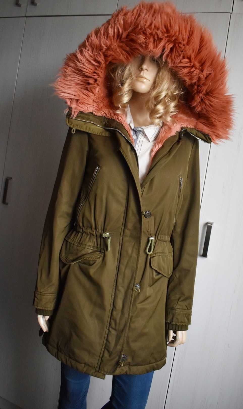 Kurtka zimowa XS 34 parka Zara futro ocieplana z kapturem płaszcz