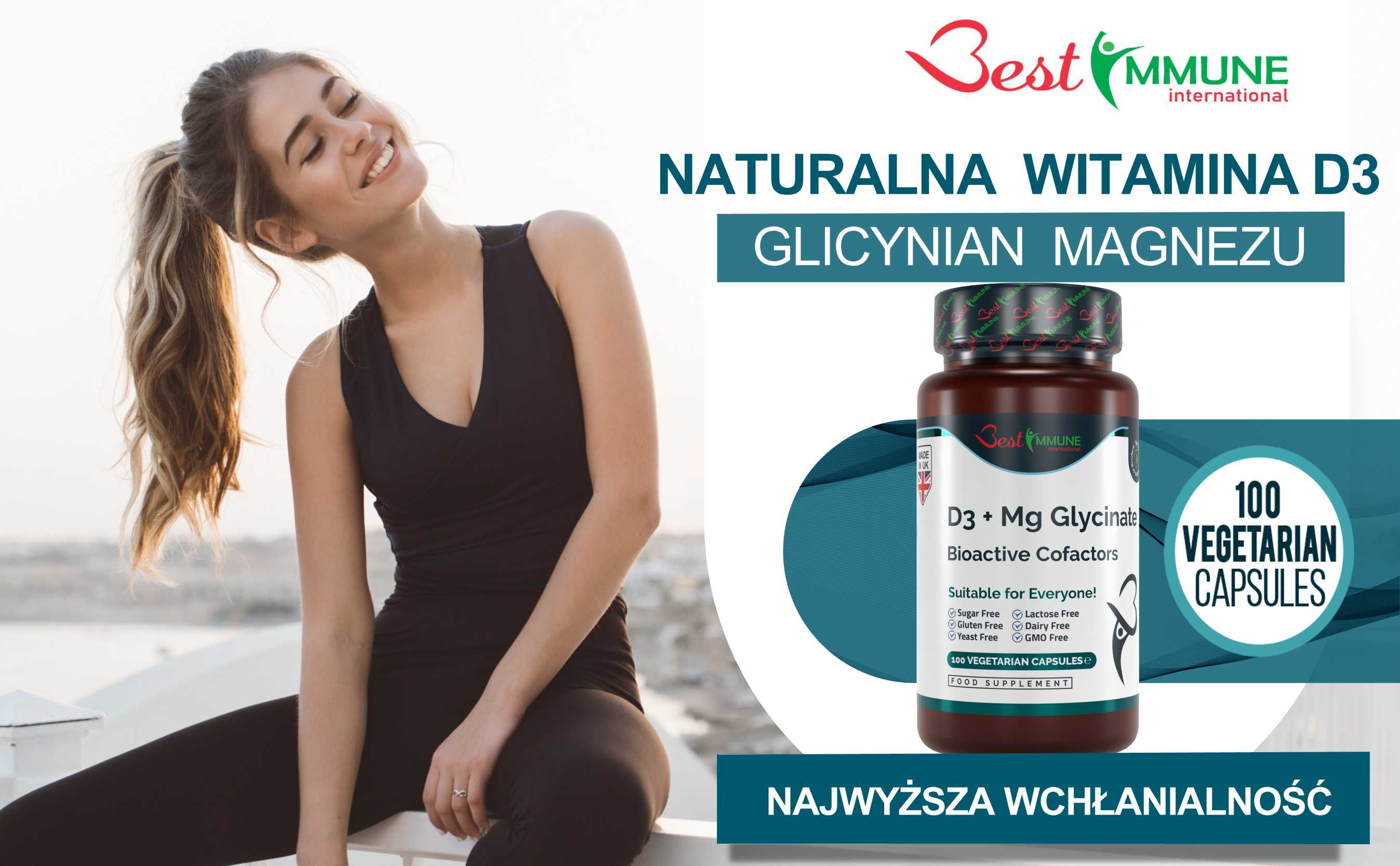 Glicynian Magnezu 400mg Witamina D3 1000IU Naturalny Biodostępny