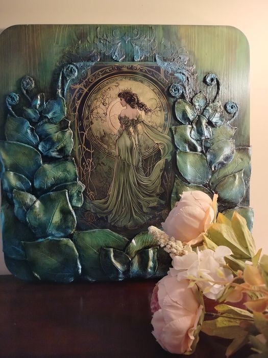 Piękny obraz na desce z ceramicznymi liśćmi, panel ozdobny