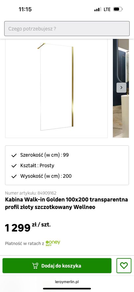 Kabina walk in golden złota 100x200 wellneo