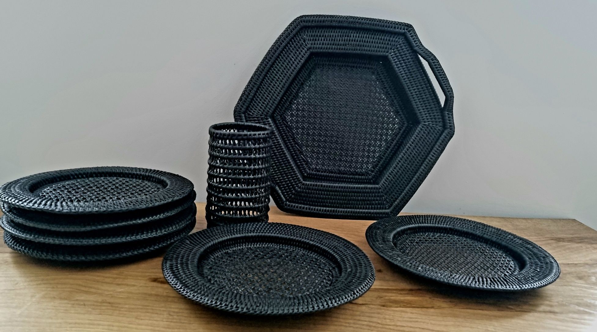 6 Podkładek na stół, duża patera i wazon,  industrone, loft, wiklina,