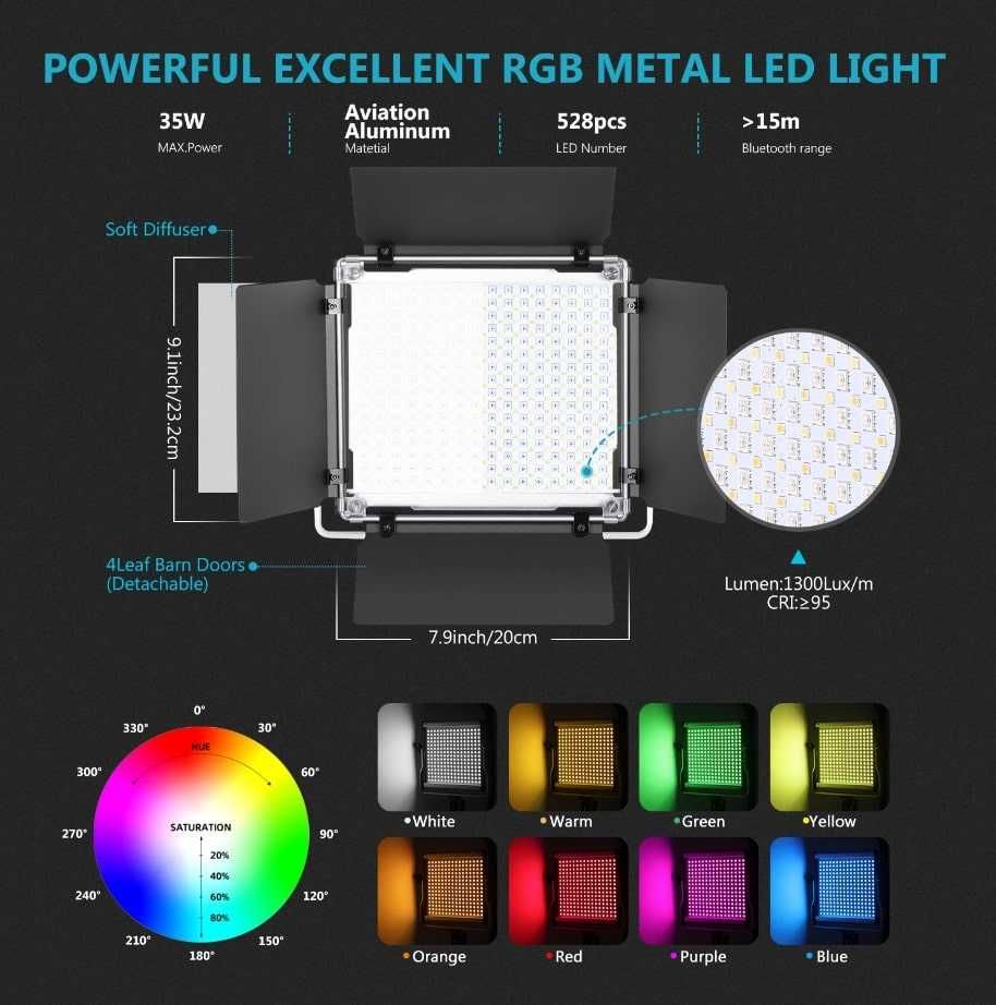 Conjunto duplo Painéis LED RGB Vídeo Fotografia Neewer Luz leds smart