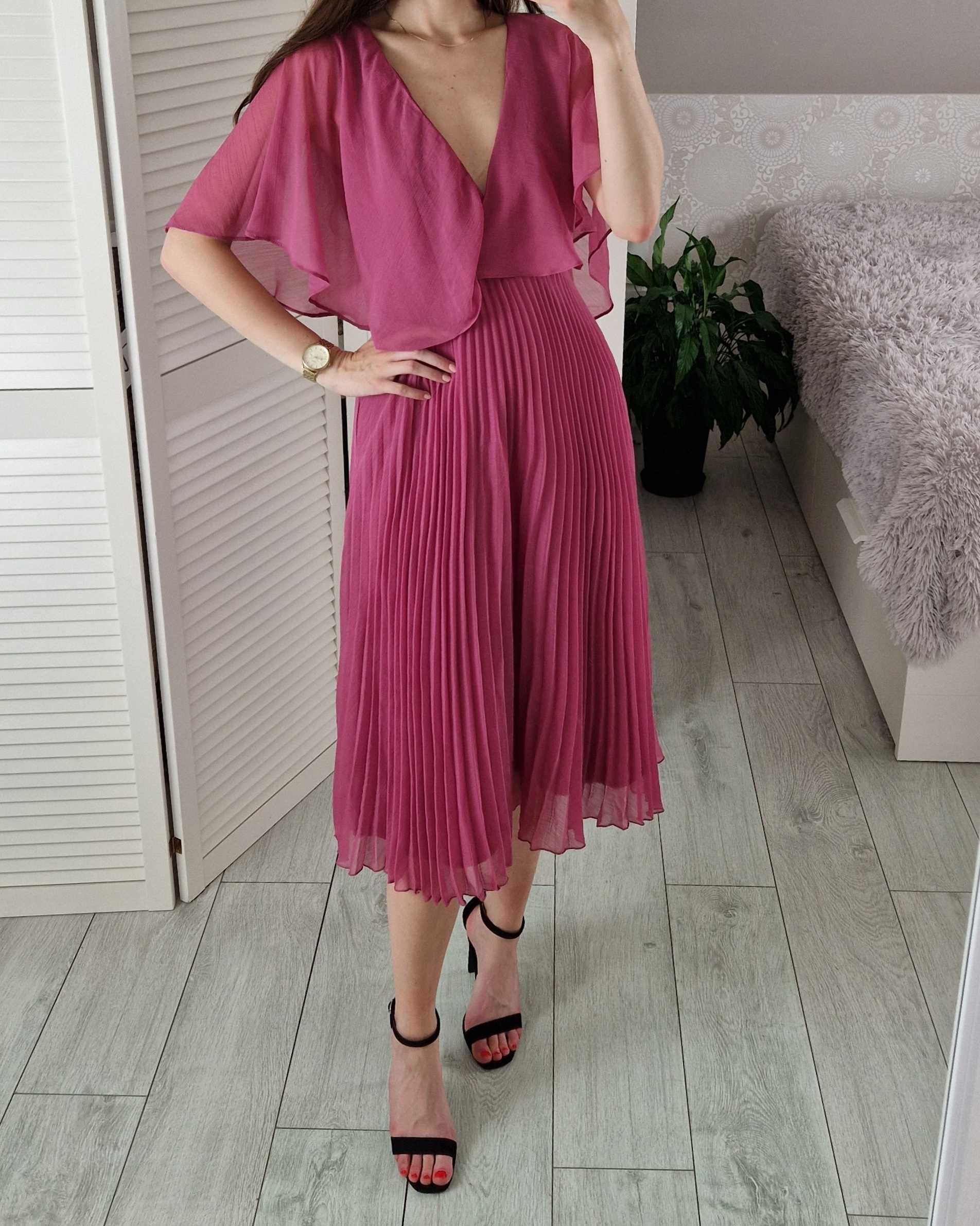 Asos różowa plisowana sukienka midi ze zwiewnymi rękawami wesele 36 S