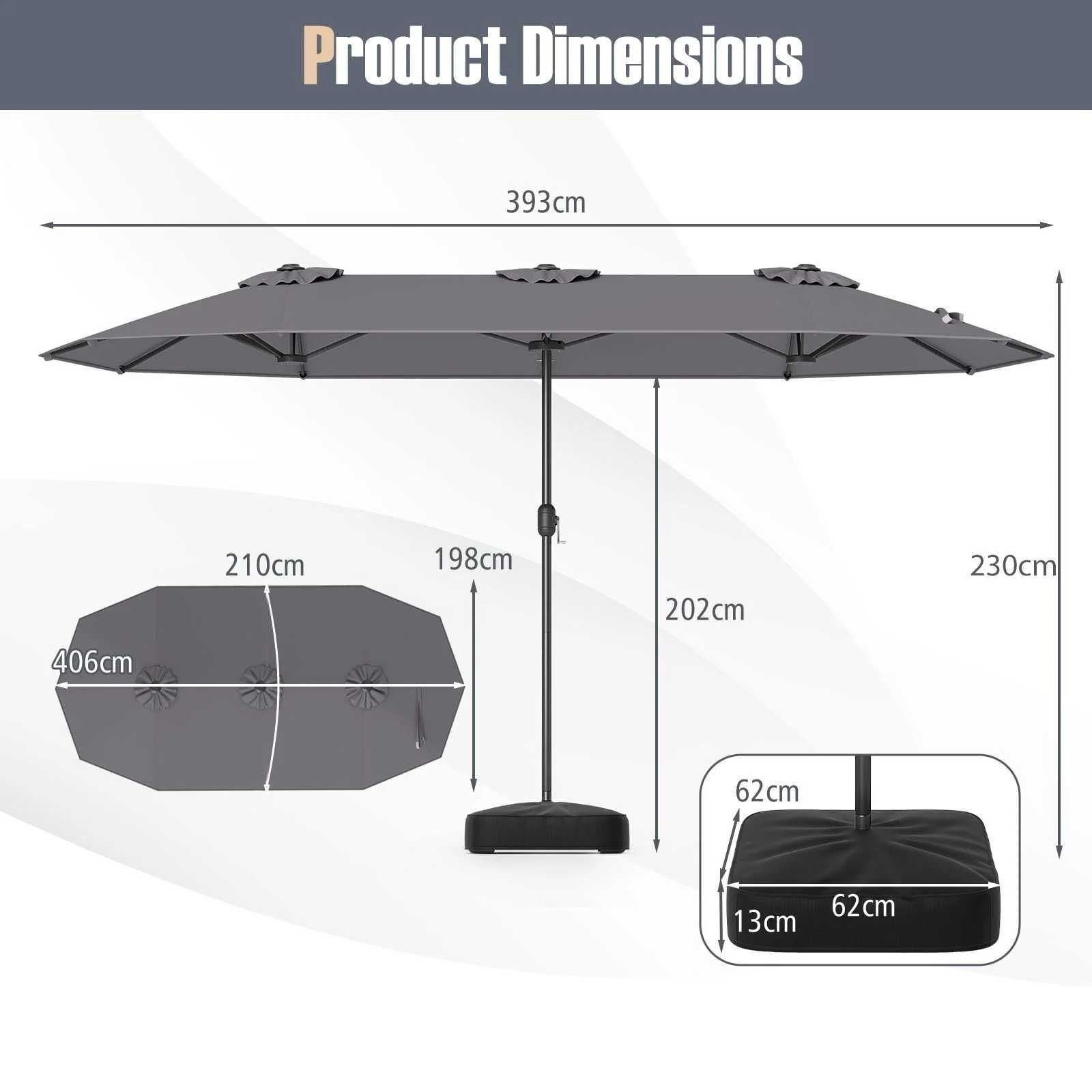 Podwójny parasol ogrodowy ze stojakiem 400 x 200 cm. 030