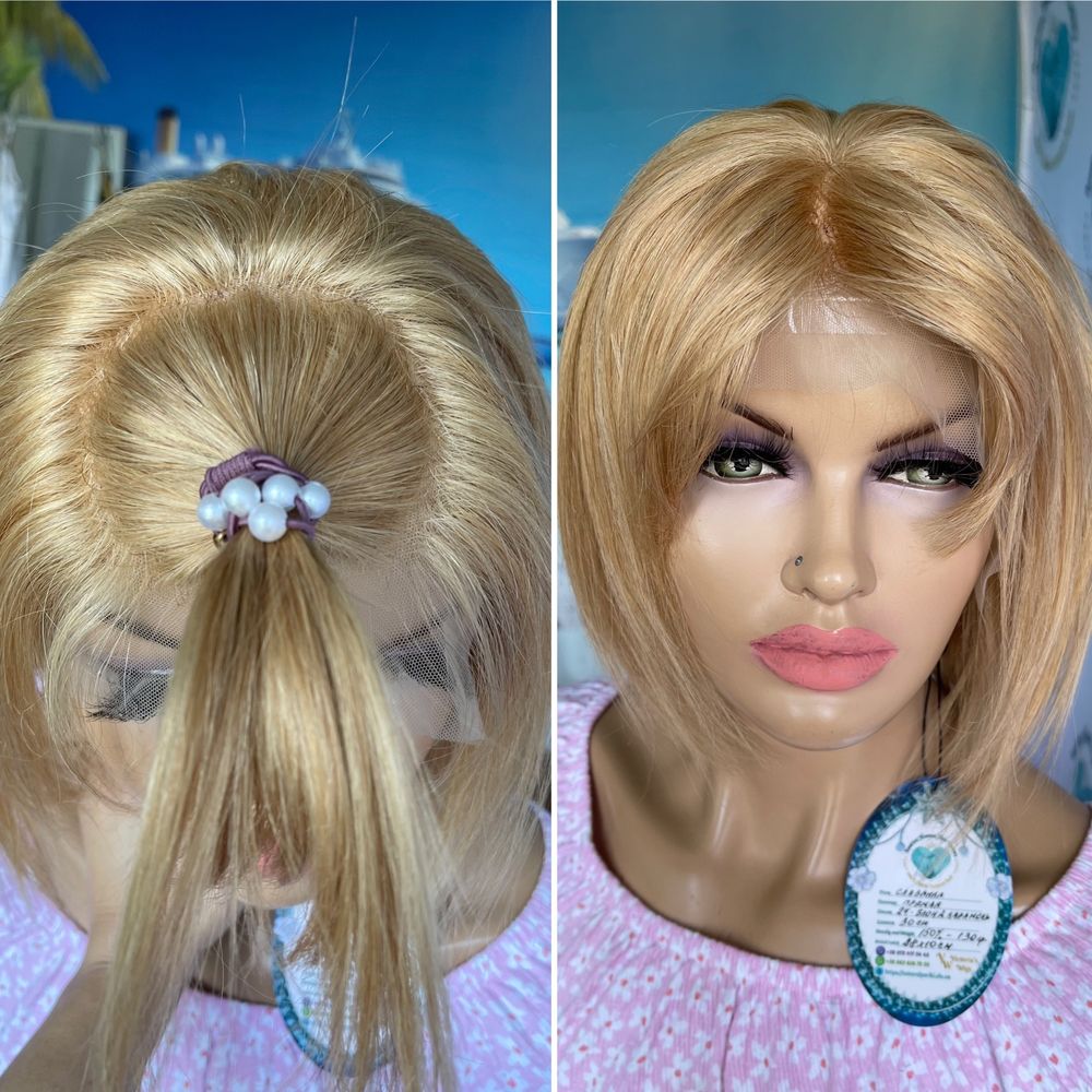 Натуральный парик с чёлкой имитация кожи славянский волос каре блонд