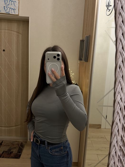 Лонг, кофта, довгий рука, виріз для пальчика, сірий, XS-S