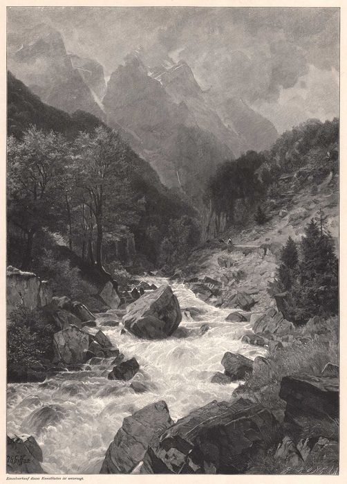 Steffan: Pejzaż Góry Alpy. Drzeworyt ilustracyjny 1897 r. oryginał