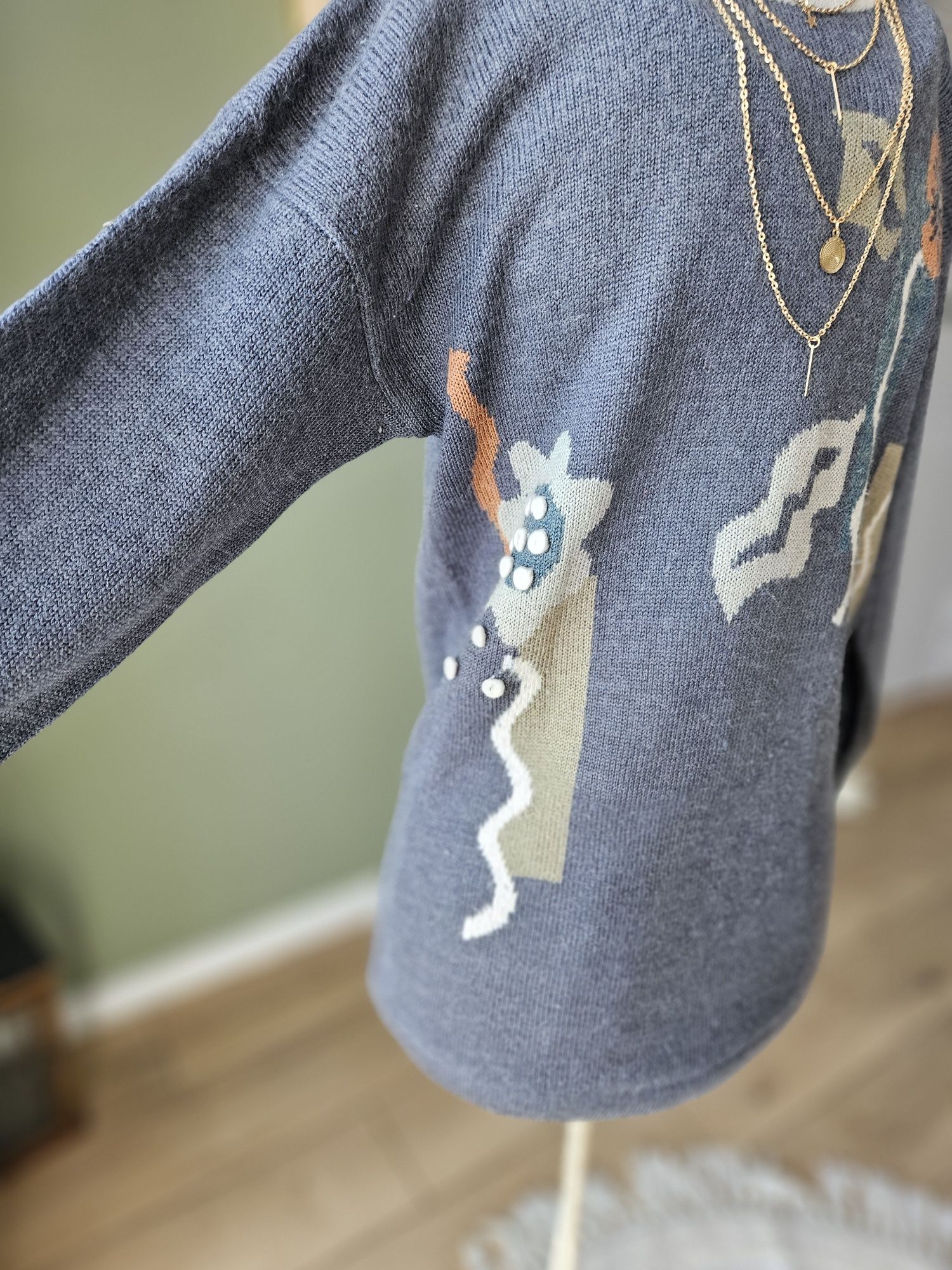 Jesienny welniany Damski niebiesko szary sweter Vintage z wełną i ango