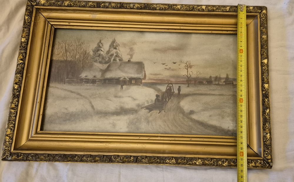 Stary zabytkowy przedwojenny obraz pejzaż na płótnie