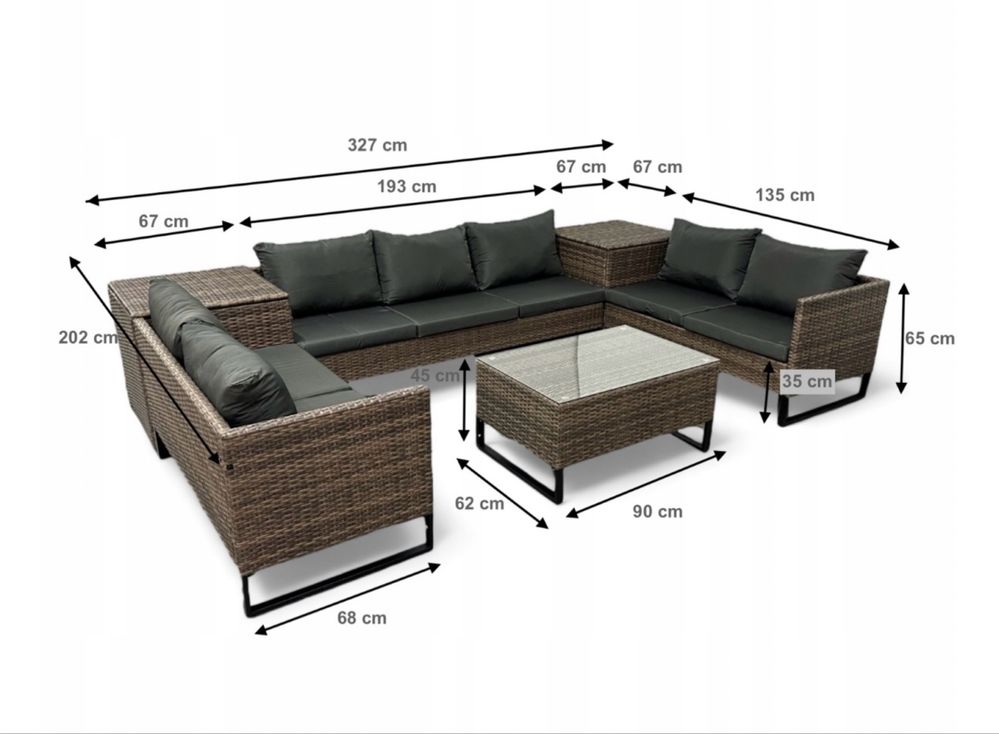Zestaw mebli ogrodowych technorattan kształt U pojemnik sofa