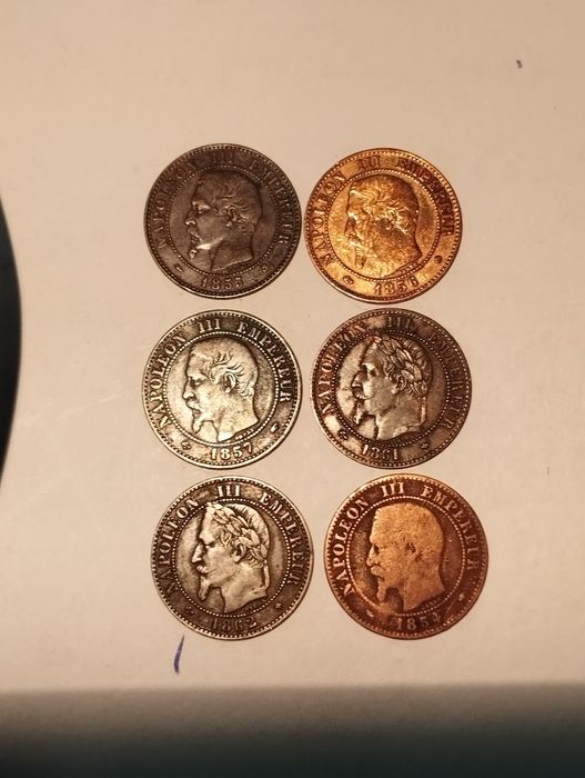 Moedas 2 Centimes 1854A, 1855K, 1856BB, 1857A, 1861A, 1862BB, 1892A FR