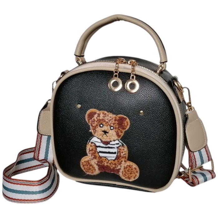 Czarny Kuferek Damski, Mała Torebka Damska Na Ramię z Miśkiem