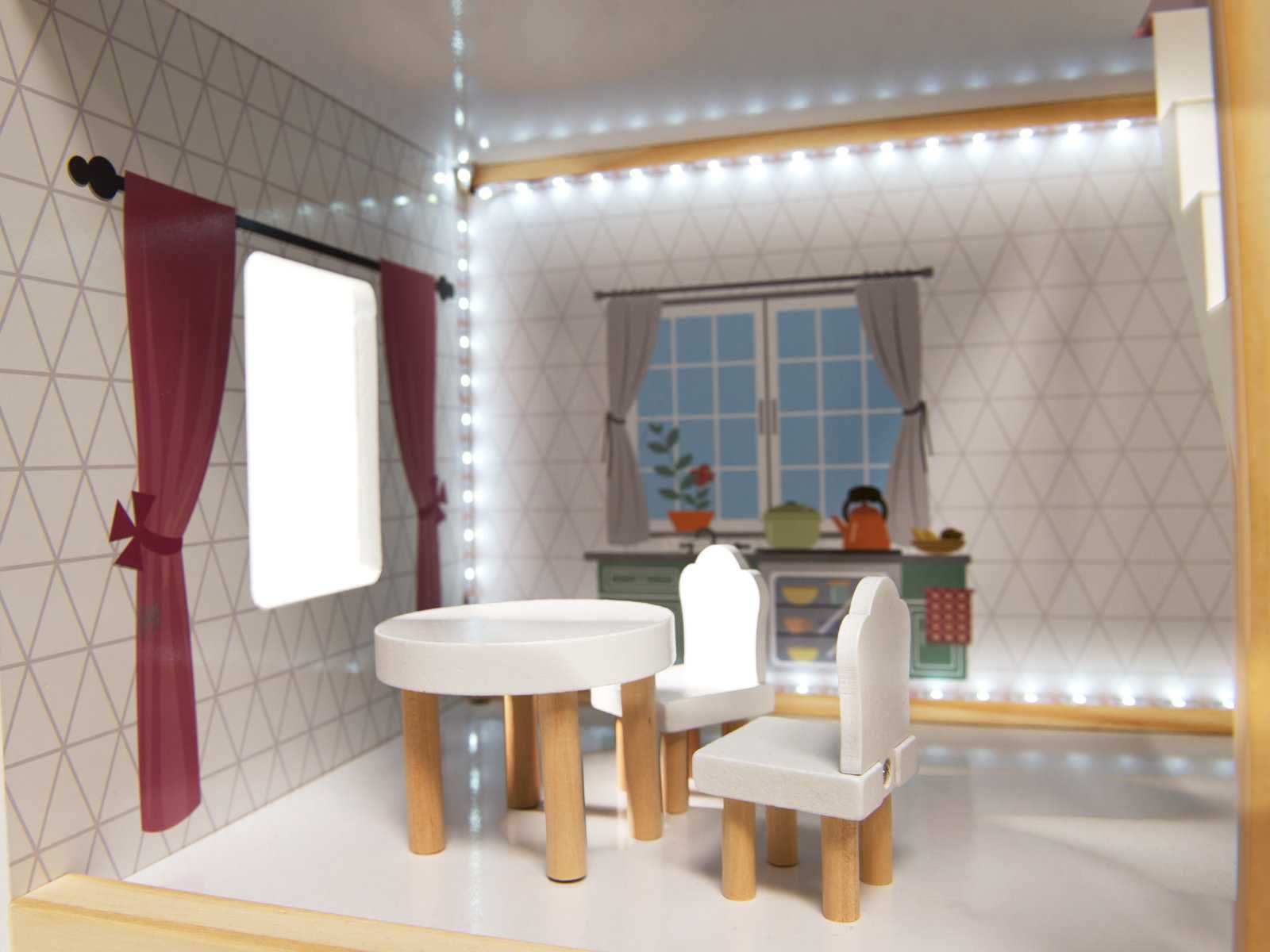 Domek dla lalek drewniany + 2 LALKI mebelki 78cm oświetlenie LED