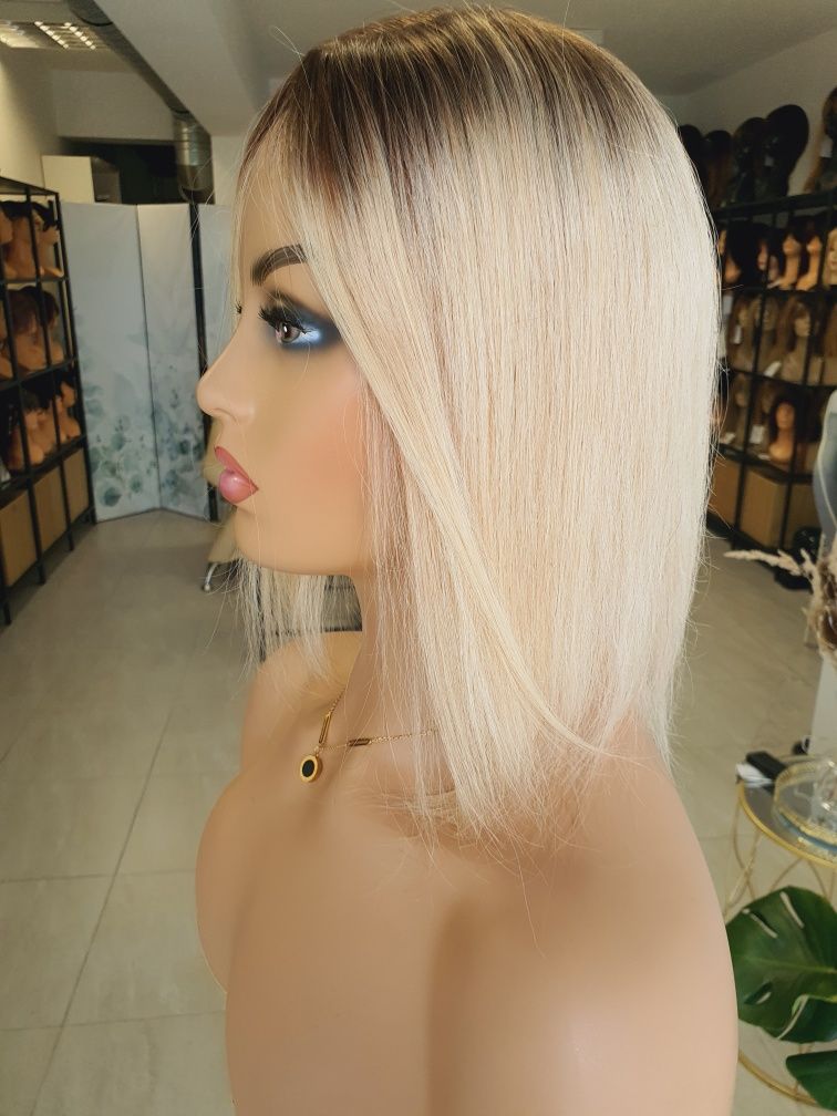 Tupet topper z włosów naturalnych w 100% blond z odrostem 35 cm