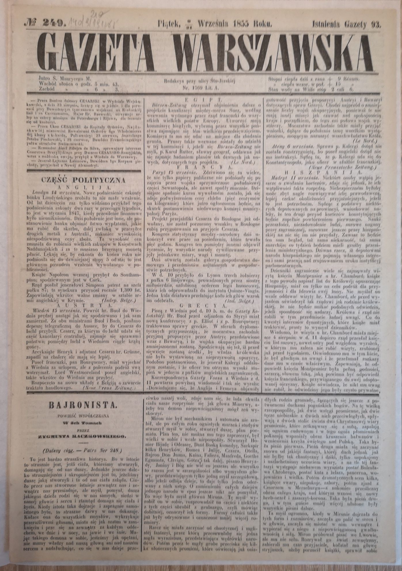 Gazeta Warszawska 1849, 1854, 1855, 1988