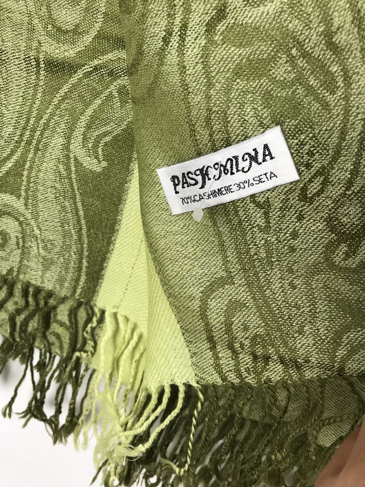 Zielona jesienna chusta, pashmina szal jedwabny kaszmirowy vintage