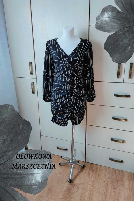 Bodyflirt NOWA czarno-biała sukienka 40 L marszczenia bufki