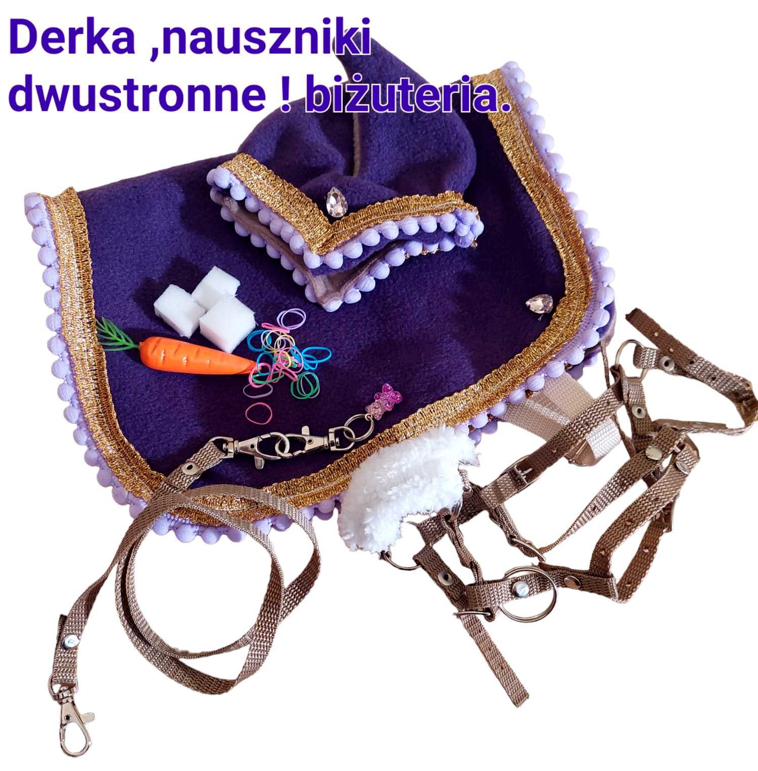 Derka dwustronna ,nauszniki z bizuterią dla hobby horse .a3