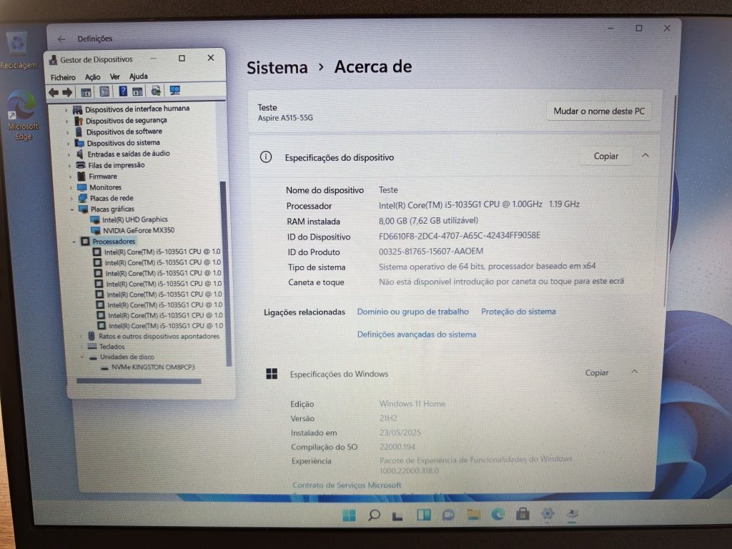 Portatil Acer Aspire A515-55G 15.6" Intel I5-1035G1 512GBSSD 8GB Ram