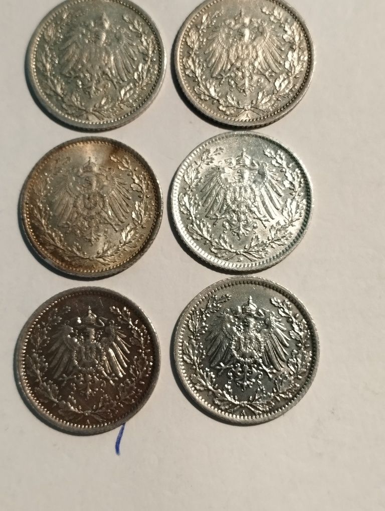Moedas de 1/2 Marco Alemão em prata 900 de 1905 a 1919