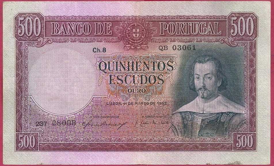 NOTA REPUBLICA 500$  Escudos ch 8 D. João IV  1952 Bonita