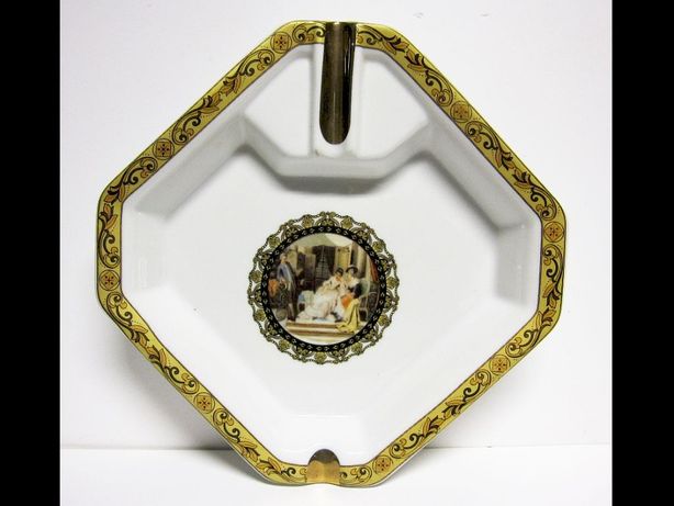 grande vintage cinzeiro em porcelana com motivo barroco + dourado